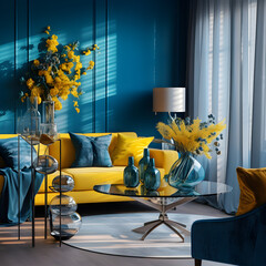 Modern minimalist living room interior design with yellow and cyan color scheme, flowers, lamp