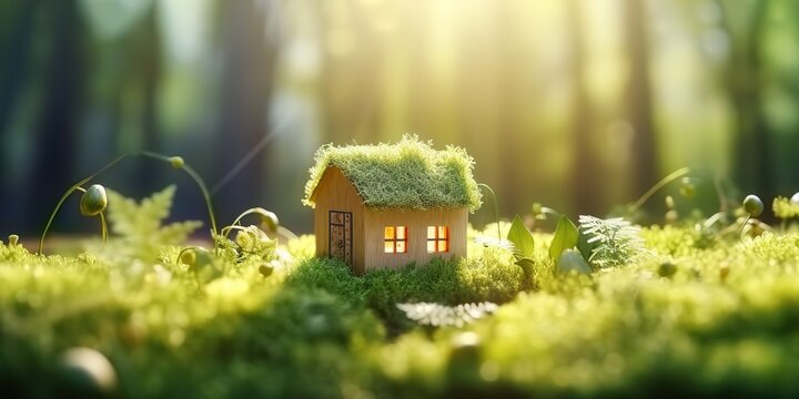 miniature house photographed in the middle of the forest under the sunlight. generative AI