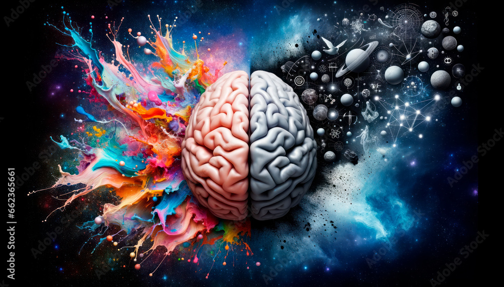 Poster Human brain with colorful paint splashes on abstract space background. Generative AI