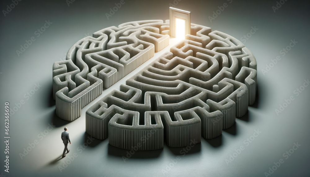 Poster businessman standing in front of the entrance of the maze. solution concept. generative ai