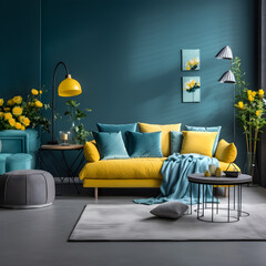 Modern minimalist living room interior design with yellow and cyan color scheme, flowers, lamp