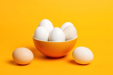 several white eggs are placed in a bowl with a yellow background. Generative AI