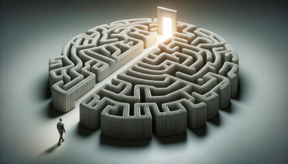 Businessman standing in front of the entrance of the maze. Solution concept. Generative AI