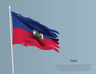 Ragged national flag of Haiti. Wavy torn fabric on blue background.
