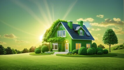 The image portrays a conceptual representation of a green home and environmentally friendly construction. It includes a house icon placed on a lush green lawn, with the sun shining overhead.
