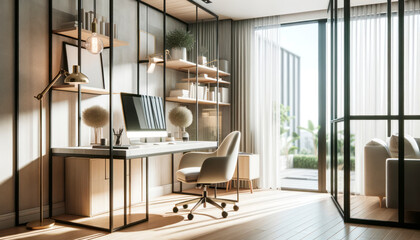 Contemporary office interior with furniture and sunlight. Workplace and lifestyle concept. Generative AI