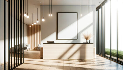 Interior of modern hotel lobby with white and wooden walls, tiled floor, wooden reception counter and vertical mock up posters. Generative AI