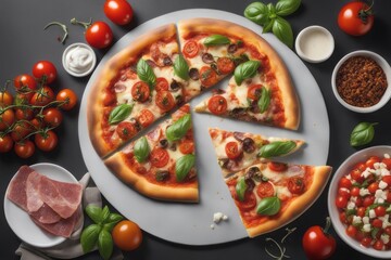 delicious italian pizza on a wooden background. top view.delicious italian pizza on a wooden background. top view.top view of italian pizza with ingredients, ingredients for pizza, basil tomatoes, che