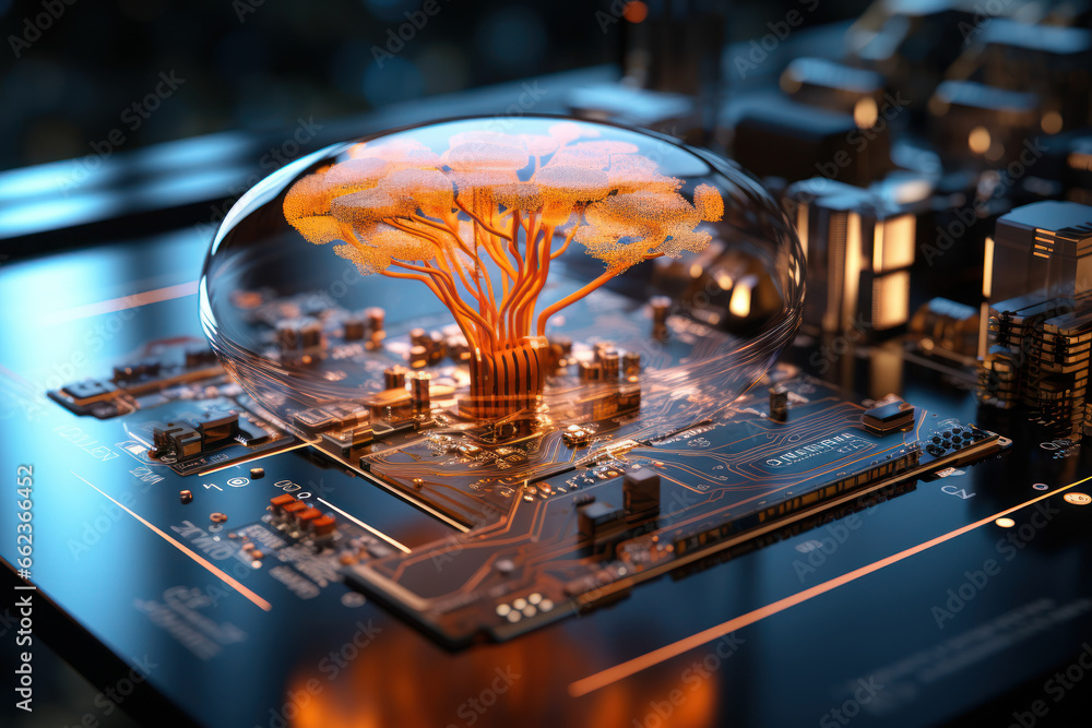 Poster a futuristic brain implant connecting to a computer interface, illustrating the potential of brain-c