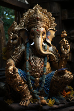 Hindu God Ganesha or Lord Ganesha in beautiful sitting pose on dark background. Vertical Ganesha Wallpapers images for mobile phones.