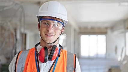 Young caucasian man architect smiling confident standing at construction site