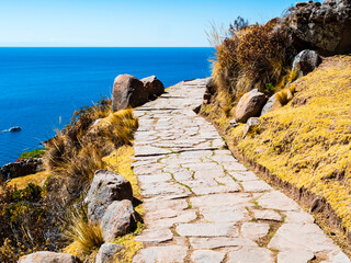 Impressive stone path on island Taquile, Lake Titicaca, Puno region, Peru
