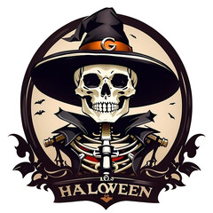 Skeleton with witch hat, logo, Happy Halloween, Generative AI