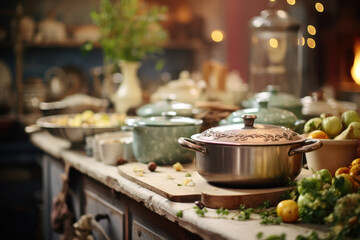 Fototapeta premium Heritage Cooking - Vintage kitchen setting with heirloom recipes and tools - Culinary traditions revisited - AI Generated