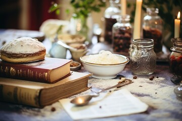 Heritage Cooking - Vintage kitchen setting with heirloom recipes and tools - Culinary traditions revisited - AI Generated