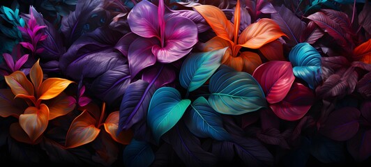 Colorful Neon Light with Tropical Leaves. ai