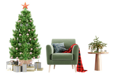 Christmas tree with green armchair and table in living room on white
