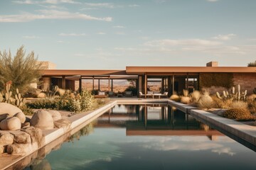 Desert Modernism - Architectural design emphasizing open spaces and indoor-outdoor flow in arid landscapes - Oasis aesthetics - AI Generated