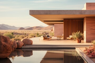 Desert Modernism - Architectural design emphasizing open spaces and indoor-outdoor flow in arid landscapes - Oasis aesthetics - AI Generated