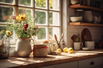 Fototapeta na wymiar Cottagecore Setting - Rural kitchen with vintage utensils and fresh produce - Nostalgic countryside charm - AI Generated