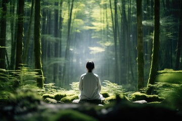 Forest Bathing - Individual immersing in a dense forest environment - Japanese Shinrin - Yoku therapy - AI Generated