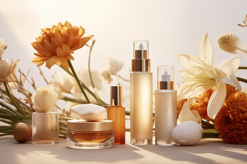 Holistic Skincare - Products arrayed against a calming backdrop with botanical extracts - Skin wellness - AI Generated