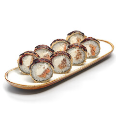 Hot fried sushi rolls. Tempura Baked Crispy roll on a white background. Close-up