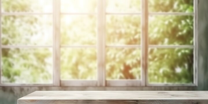Fototapeta A photo of a white window with a background of blurry leaves can be used as a place for presentations and promotions for your products. generative AI