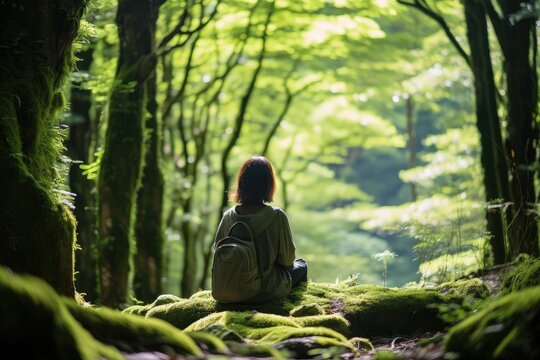 Forest Bathing - Individual immersing in a dense forest environment - Japanese Shinrin - Yoku therapy - AI Generated