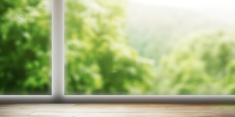 Fototapeta premium A photo of a white window with a background of blurry leaves can be used as a place for presentations and promotions for your products. generative AI