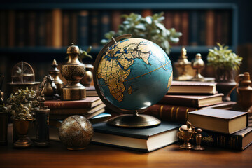 A globe surrounded by books, illustrating the intersection of geography and literature in expanding one's horizons. Concept of world awareness. Generative Ai.