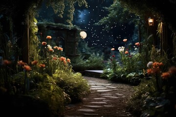 Moon Gardening - Night shot of a garden with plants that bloom under moonlight - Lunar horticulture - AI Generated