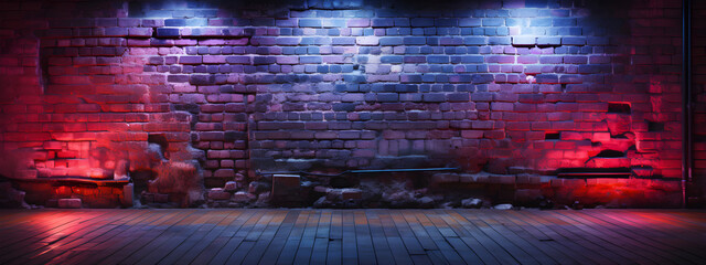 Neon light on brick walls that are not plastered background and texture. Lighting effect red and blue neon background. Ai