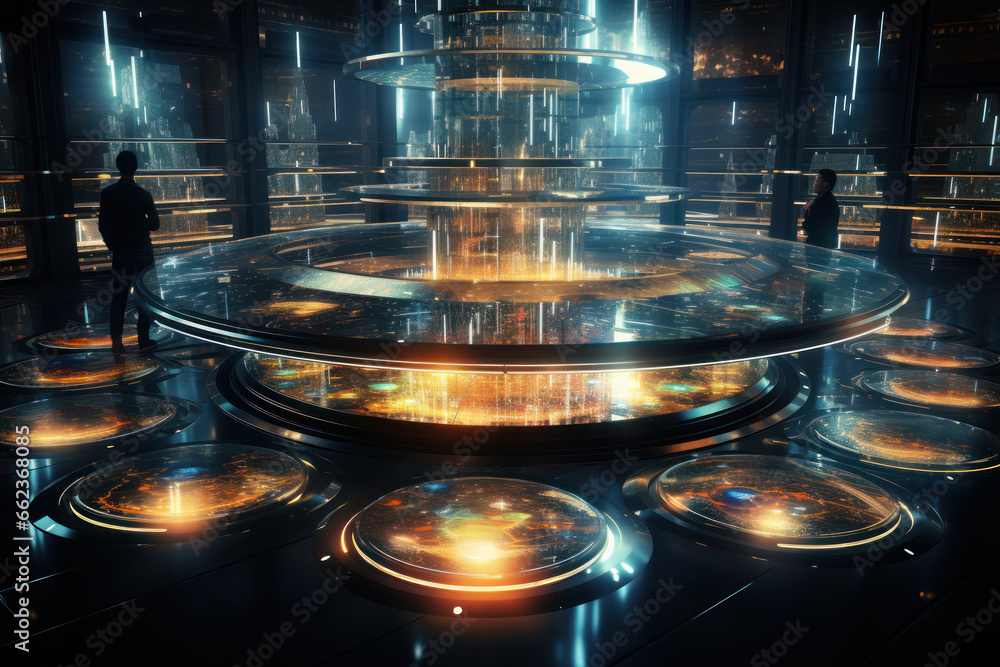 Poster a futuristic library with holographic books, hinting at the evolving forms of knowledge disseminatio