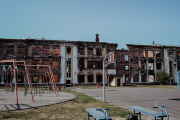 Fototapeta na wymiar a completely destroyed school after hostilities in February 2022
