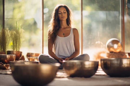 Sound Bath Healing - Person in a serene setting surrounded by Tibetan singing bowls - Sonic wellness therapy - AI Generated
