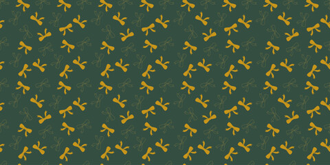 Seamless pattern of golden bows on a green background. Cute vector illustration. New Year texture