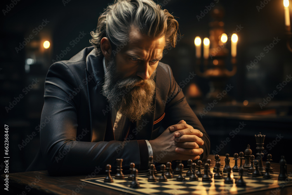 Poster a chess player contemplating their next move, demonstrating strategic thinking and game knowledge. c
