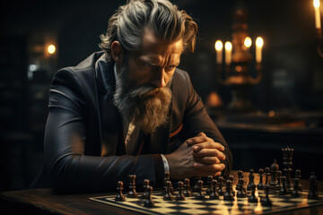 A chess player contemplating their next move, demonstrating strategic thinking and game knowledge. Concept of strategic intelligence. Generative Ai. - obrazy, fototapety, plakaty