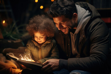 A parent reading a bedtime story to a child, emphasizing the transmission of cultural knowledge through storytelling. Concept of oral traditions. Generative Ai.