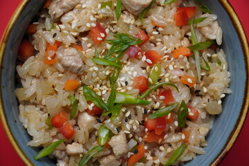 rice with herbs and chicken, wok, asian food