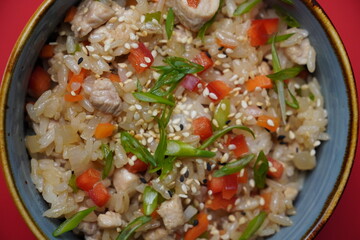 rice with herbs and chicken, wok, asian food