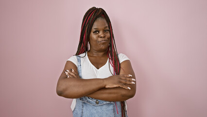 Swag, serious expression, and lifestyle of a cool african american woman standing relaxed, with...