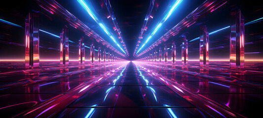 Sci Fy neon glowing lines in a dark tunnel. Reflections on the floor and ceiling. Empty background in the center. 3d rendering image. Abstract glowing lines. Technology  futuristic background