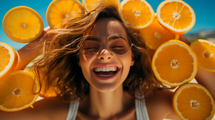 young happy woman with oranges on a sunny day