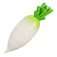 Cartoon fresh white radish vegetable isolated on white. 3d render illustration.