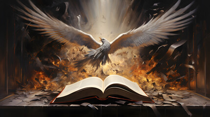 Divine Encounter: Angel and the Holy Bible, AI Generative - obrazy, fototapety, plakaty