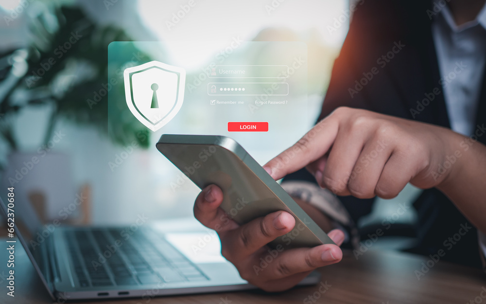 Aufkleber business woman is pressing the login screen of smartphone. represents protection against external ha