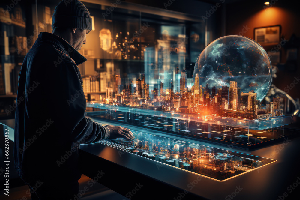 Poster a person scrolling through a timeline of technological devices, showcasing the rapid pace of technol