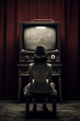 woman sitting in a chair watching an old television